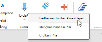 Tampilkan Toolbar Akses Cepat dipilih pada menu