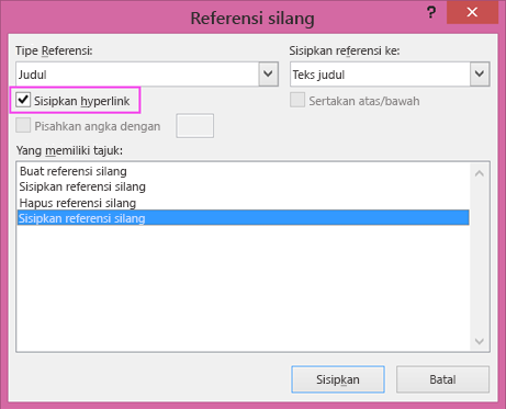 Dialog referensi silang dengan kotak centang hyperlink disorot