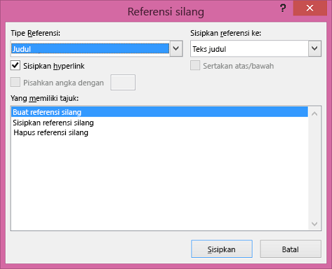 Kotak dialog referensi silang di Word