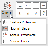 Gambar menu Konversi memperlihatkan optioon format untuk mengonversi persamaan.