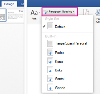 Pada tab Desain, Penspasian Paragraf disorot