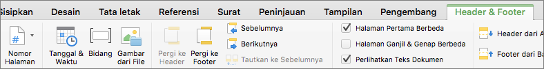 Saat Anda mengklik ganda di area header atau footer, Word menampilkan tab Header & Footer.