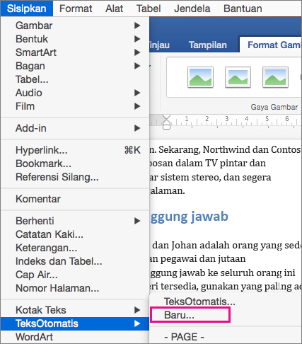 Menu Sisipkan dengan TeksOtomatis > Baru disorot.