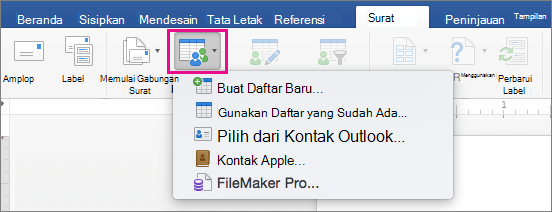 Pada tab Surat, Pilih Penerima disorot dengan daftar opsi
