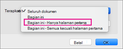 Terapkan ke menu dengan hanya halaman Pertama disorot