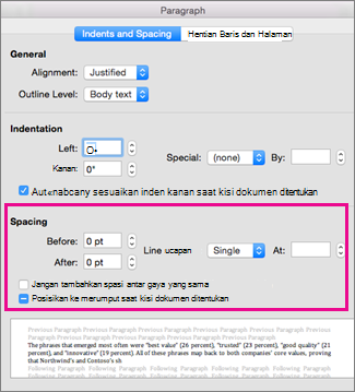 Dalam kotak dialog Paragraf, bagian Penspasian disorot