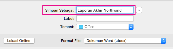 Dalam kotak Simpan Sebagai, masukkan atau ubah nama file untuk dokumen saat ini.