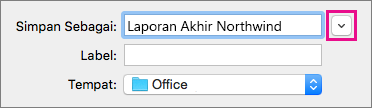 Klik panah bawah di samping kotak Simpan Sebagai untuk memperluas tampilan folder untuk menampilkan pintasan folder dan opsi tampilan.