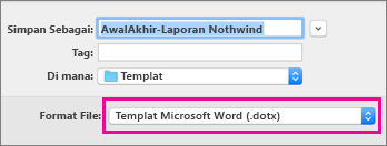 Dalam kotak Simpan Sebagai, templat Word disorot