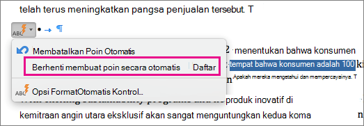 Opsi untuk menghentikan pembuatan daftar berpoin secara otomatis disorot.