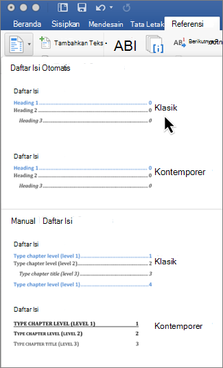 Pada tab Referensi, klik Daftar Isi, lalu pilih gaya Daftar Isi Otomatis dari galeri