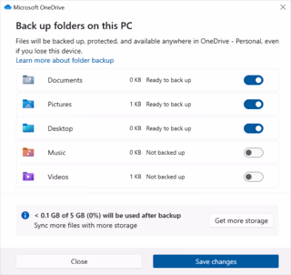 Windows 10 の OneDrive バックアップのスクリーンショット。