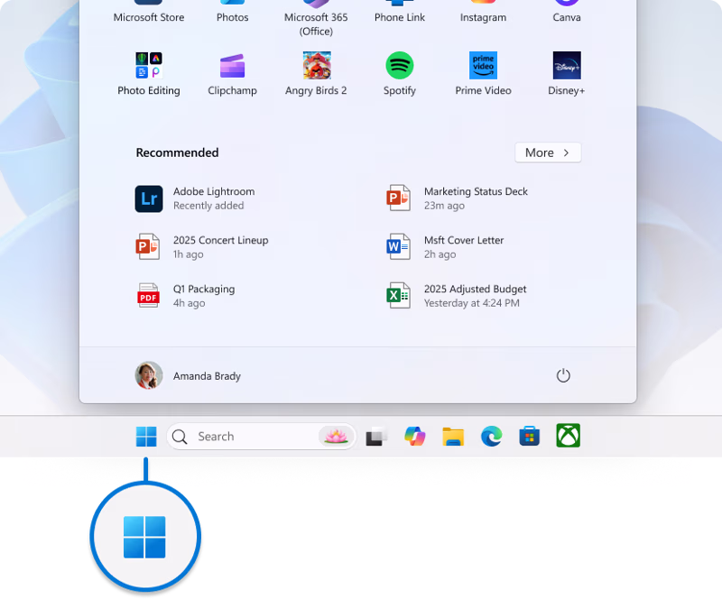 Screenshot of the Start menu expanded, with emphasis on the button on the taskbar.