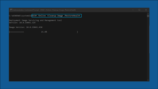 The command prompt showing: DISM/Onlin /Cleanup-Image/RestoreHealth