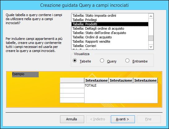 Nella Creazione guidata Query a campi incrociati selezionare una tabella o una query.