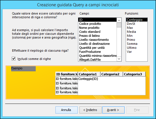 Selezionare un campo e una funzione da calcolare nella Creazione guidata Query a campi incrociati.