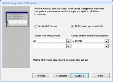 Definizione di collegamenti personalizzati nella Creazione guidata Sottoreport