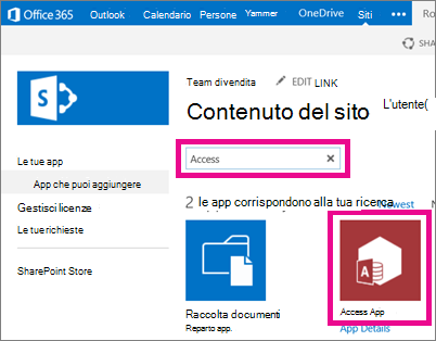 Ricerca di un'app Access nella pagina Aggiungi un'app in SharePoint
