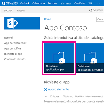 Riquadro Distribuire applicazioni per SharePoint nel sito Catalogo app
