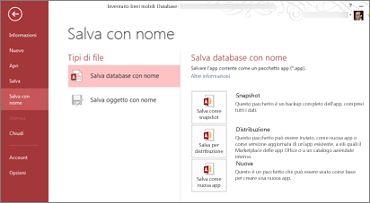 Opzioni di Salva database con nome nella schermata Salva con nome