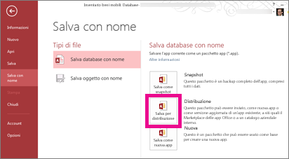 Opzione Salva per distribuzione nella pagina Salva con nome