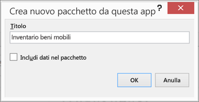 Finestra di dialogo Crea nuovo pacchetto da questa app