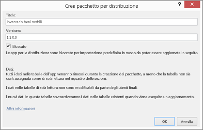 Finestra di dialogo Crea pacchetto per distribuzione