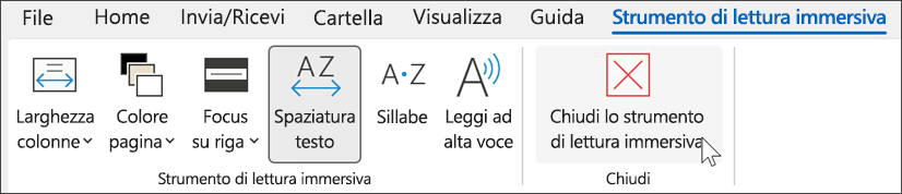 Strumento di lettura immersiva in Outlook con il cursore posizionato sulla chiusura