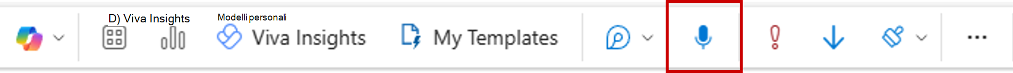 Pulsante Dettatura attivato nella scheda Opzioni di Outlook.