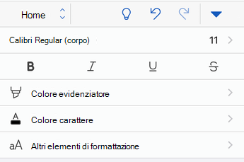 Opzioni di formattazione dei tipi di carattere in Word per iOS.