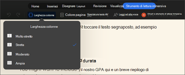 screenshot dello strumento di lettura immersiva con la larghezza della colonna selezionata, le opzioni sono molto stretta, stretta, media, larga