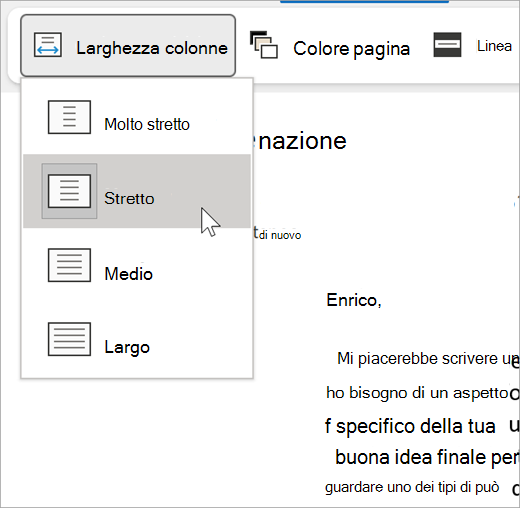 screenshot dell’elenco a discesa della larghezza colonna per lo strumento di lettura immersiva, le opzioni sono molto stretta, stretta, media, larga