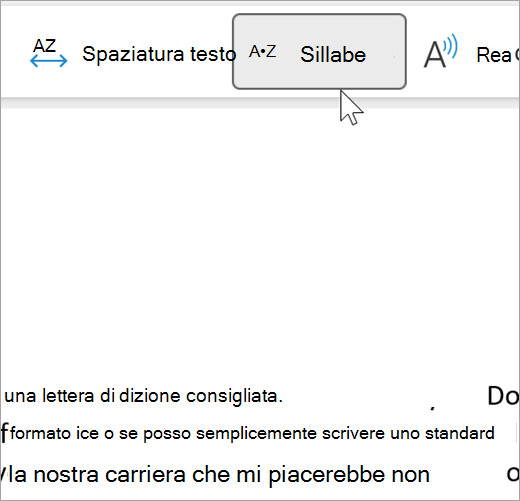 Screenshot della funzionalità Sillabe dello strumento di lettura immersiva selezionata che mostra alcune parole in un messaggio di posta elettronica separate in sillabe. la raccomandazione parola è mostrato come rec punto om dot uomini punto da dot punto punto