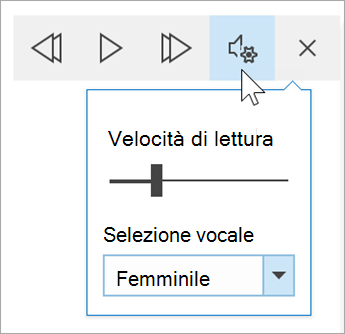 screenshot della barra degli strumenti delle opzioni vocali dello strumento di lettura immersiva. Il mouse passa sopra le impostazioni rivelando un interruttore per la velocità di lettura e l'elenco a discesa per la selezione della voce