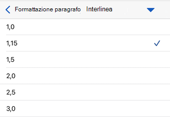 Opzioni di interlinea in Word per iOS.