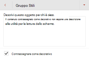 Finestra di dialogo Testo alternativo con la casella di controllo Segna come decorativo selezionata in PowerPoint per Android.