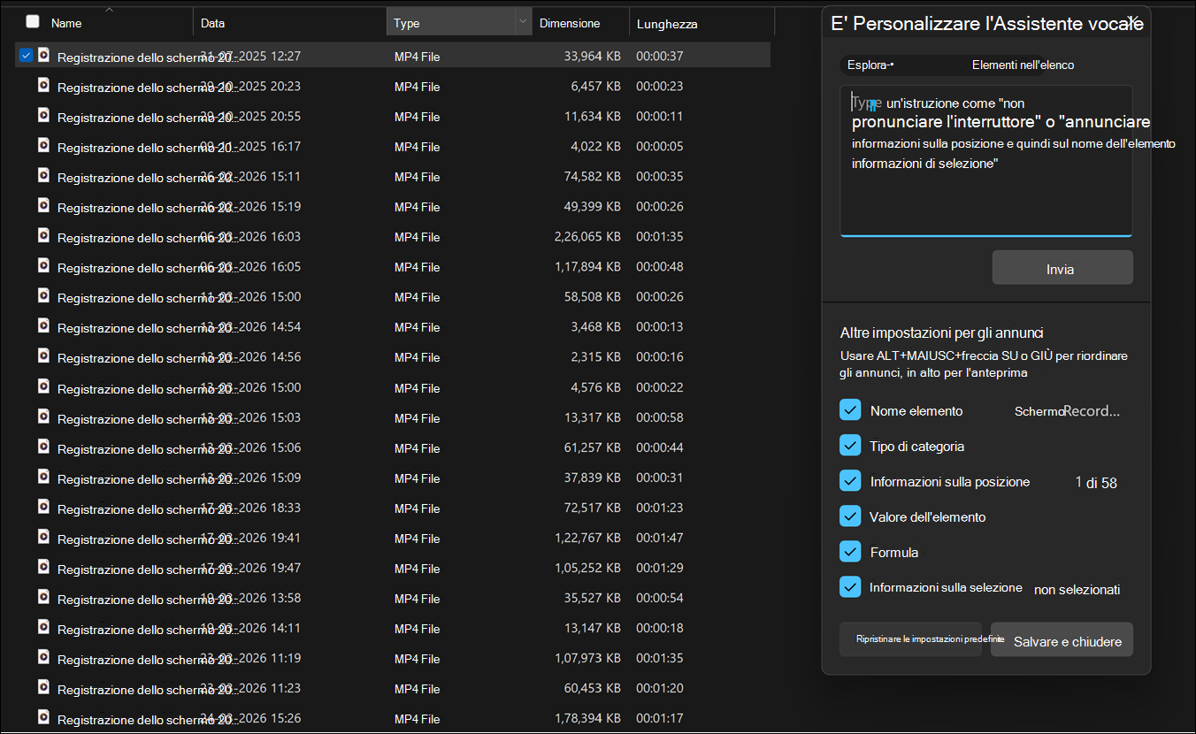 Interfaccia utente che mostra il pannello di personalizzazione dell'Assistente vocale in Windows 11.
