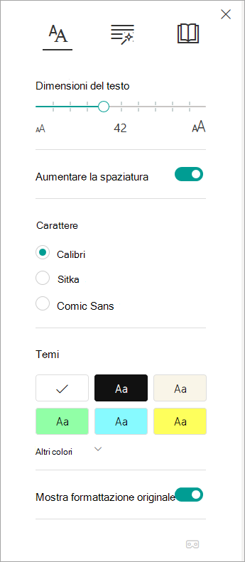 Opzioni testo nello strumento di lettura immersiva.