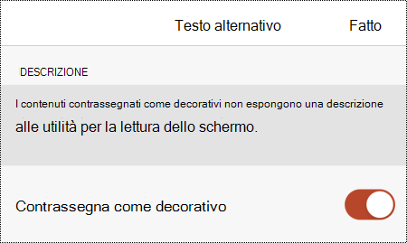 Opzione Segna come decorativo selezionata nella finestra di dialogo Testo alternativo in PowerPoint per iOS.
