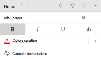 Menu Carattere in PowerPoint per Android.