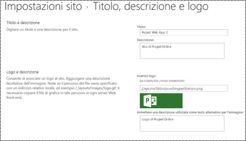 Descrizione del sito e testo alternativo con logo del sito in Project Online
