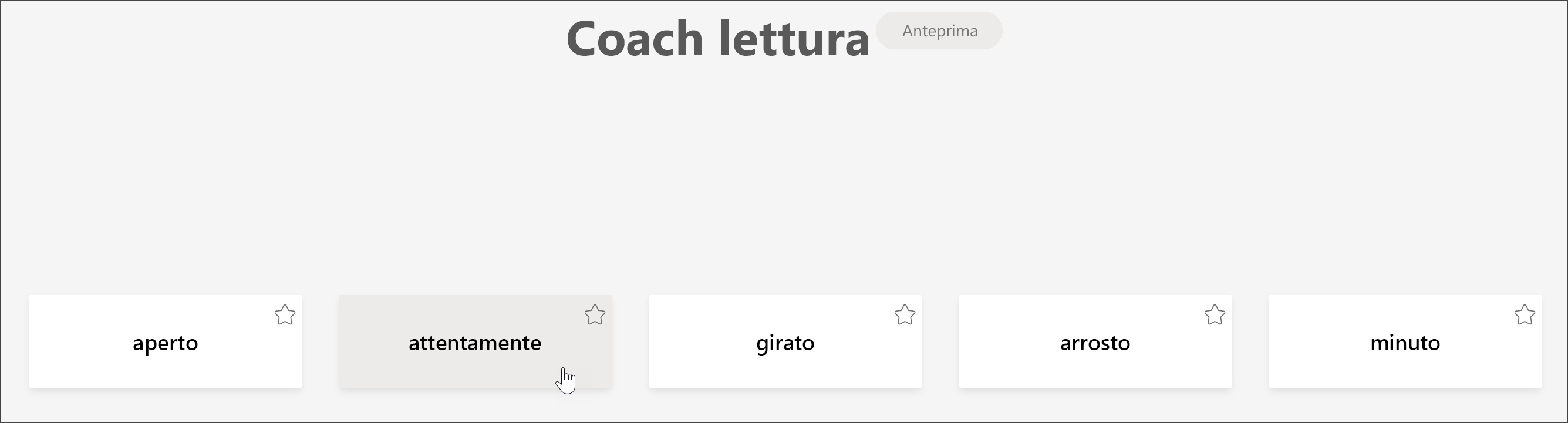 screenshot della visualizzazione studente di assistente alla lettura che mostra le 5 parole che più uno studente ha dovuto affrontare, con il cursore posizionato con attenzione sulla parola