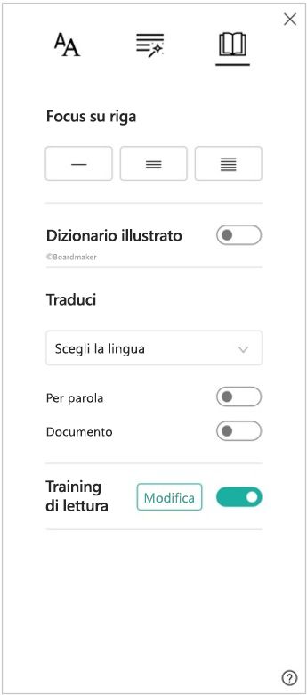 Screenshot del pannello delle preferenze di lettura dello strumento di lettura immersiva, che mostra le opzioni per il focus su riga, il dizionario visuale, la traduzione e il training di lettura.