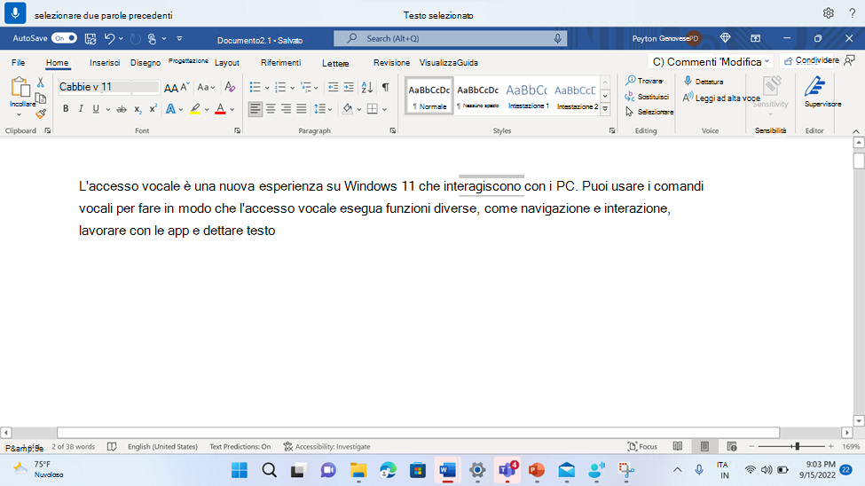 Word documento che mostra il comando di accesso vocale per la selezione di due parole precedenti.