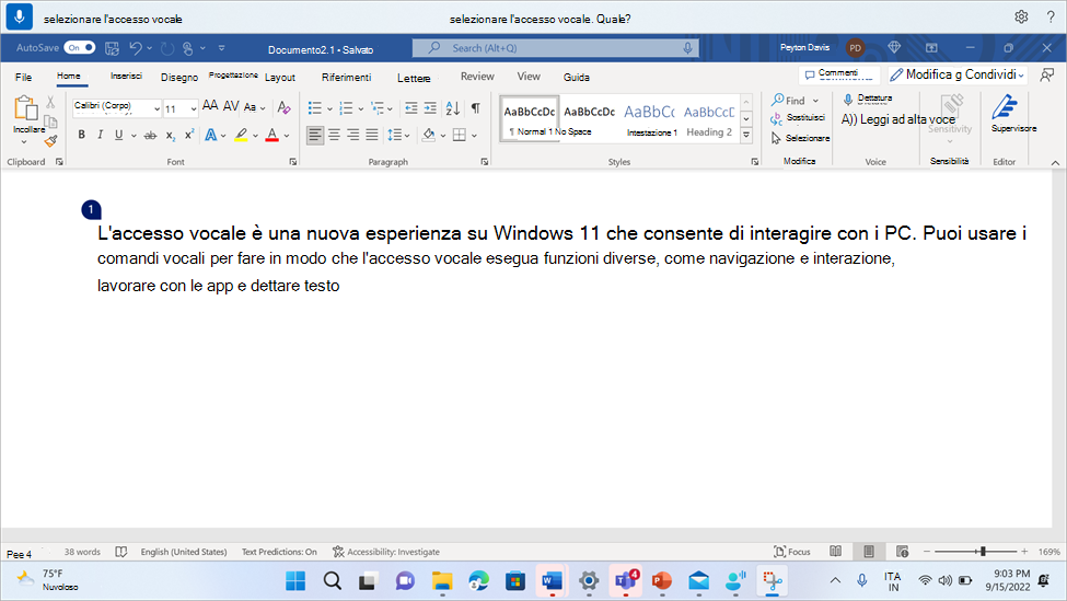 Word documento che mostra l'accesso vocale che chiede all'utente di selezionare un'occorrenza di molti.