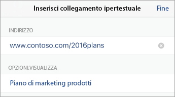Comando Collegamento, con URL (indirizzo) e testo da visualizzare