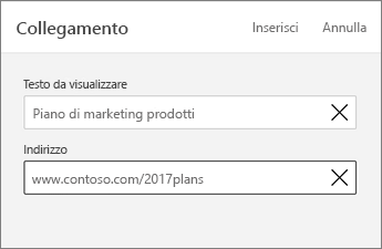Comando Collegamento, con testo da visualizzare e indirizzo