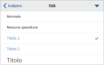 Comando Stili con l'opzione Titolo 1 selezionata