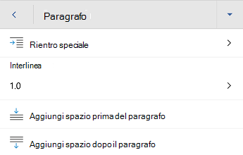 Menu Formattazione paragrafo in Word per Android