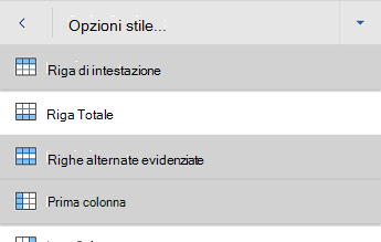 Menu Opzioni stile tabella in Word per Android